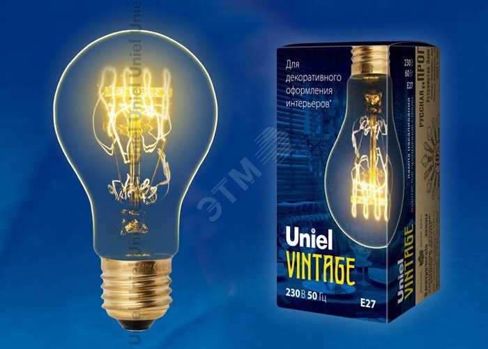 Лампа накаливания декоративная ЛОН 60 вт 300 Лм Е27 VintageL-V-A60-60/GOLDEN/E27 SW01 Uniel
