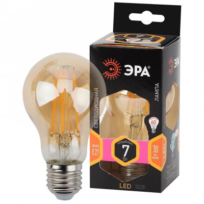 Лампа светодиодная филаментная F-LED A60-7W-827-E27 gold (филамент, груша золот., 7Вт, тепл, Е27) ЭР