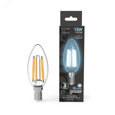 Лампа светодиодная LED 13Вт 1150Лм 4100К белая Е14 Свеча Filament Gauss