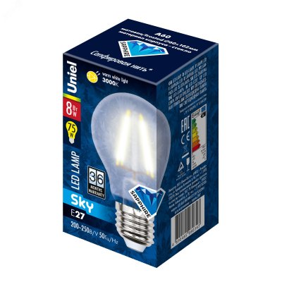 Лампа светодиодная LED 8вт 200-250В форма А матовое 800Лм E27 3000К Uniel Sky филамент