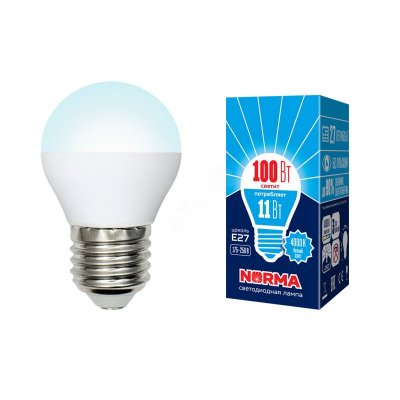 Лампа светодиодная LED-G45-11W/NW/E27/FR/NR Форма шар, матовая. Серия Norma. Белый свет (4000K). Кар