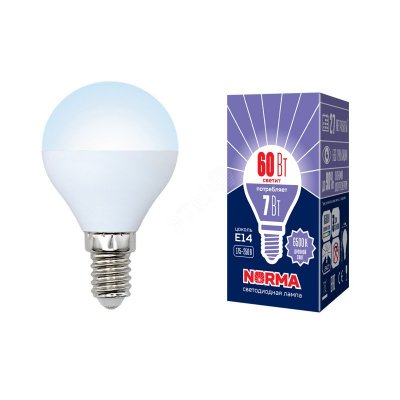 Лампа светодиодная LED-G45-7W/DW/E14/FR/NR Форма шар, матовая. Серия Norma. Дневной белый свет (6500