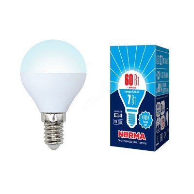 Лампа светодиодная LED-G45-7W/NW/E14/FR/NR . Форма шар, матовая. Серия Norma. Белый свет (4000K). Ка