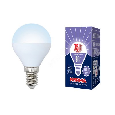 Лампа светодиодная LED-G45-9W/DW/E14/FR/NR Форма шар, матовая. Серия Norma. Дневной белый свет (6500