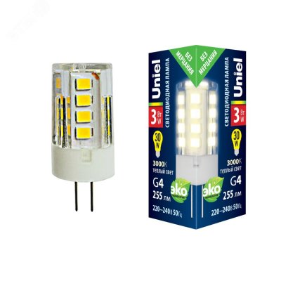 Лампа светодиодная прозрачная Теплый белый свет (3000К) LED-JC-220/3W/3000K/G4/CL GLZ09TR