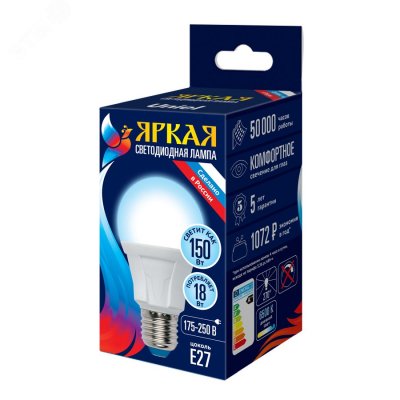 LED-A60 18W/6500K/E27/FR PLP01WH Лампа светодиодная. Форма «А», матовая. Серия Яркая. Дневной свет (