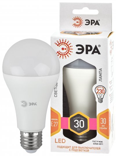 LED лампа A65-30W-827-E27 ЭРА (диод, груша, 30Вт, тепл, E27) (10/100/1200)