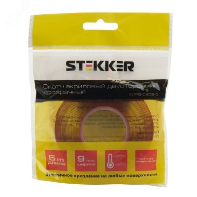Скотч акриловый двусторонний 0.8х9мм длина 5м прозрачный красная подложка STEKKER